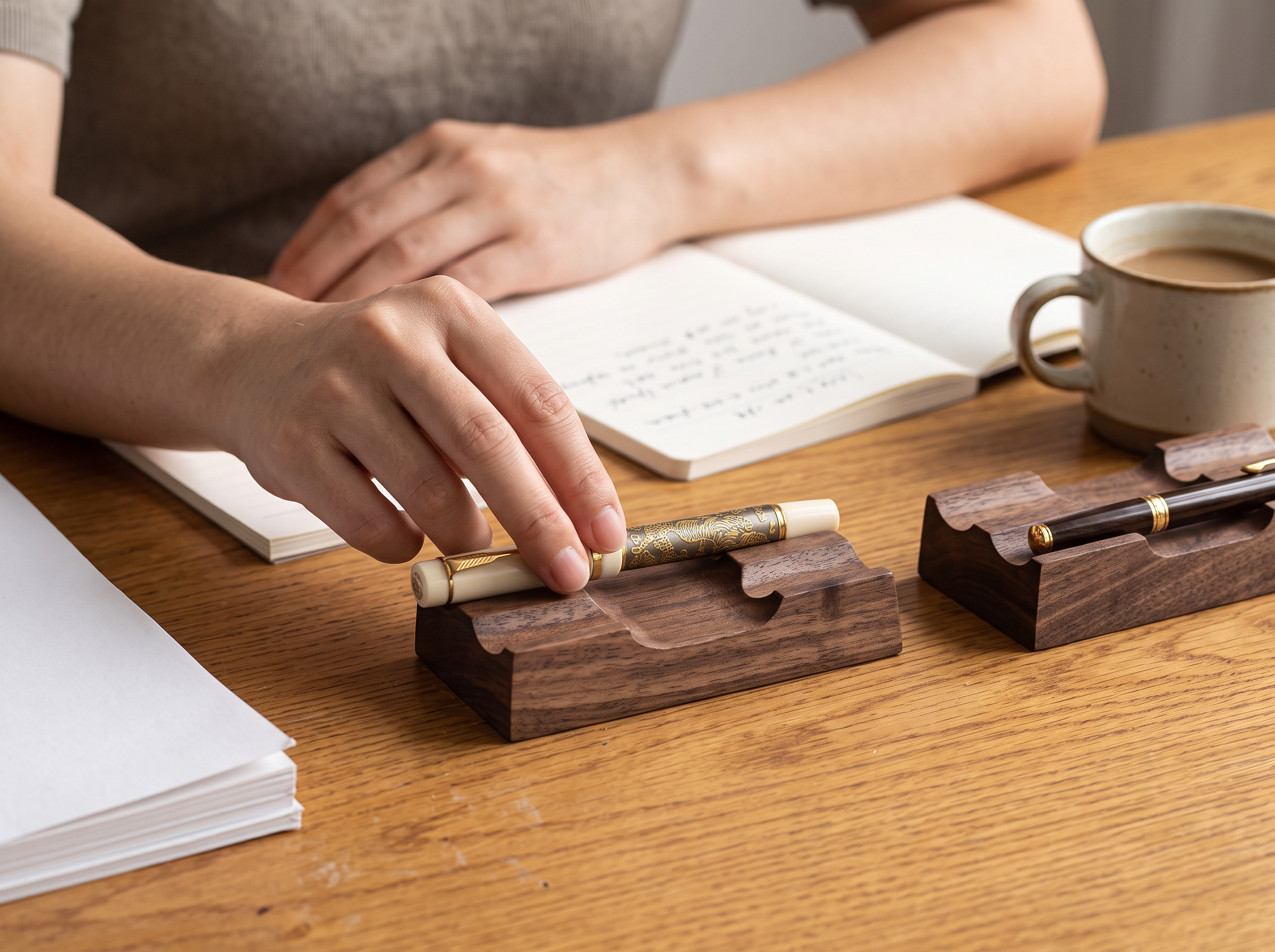 Walnut Wood Pen Holder Stand for Desk Organization shown in natural everyday use at home