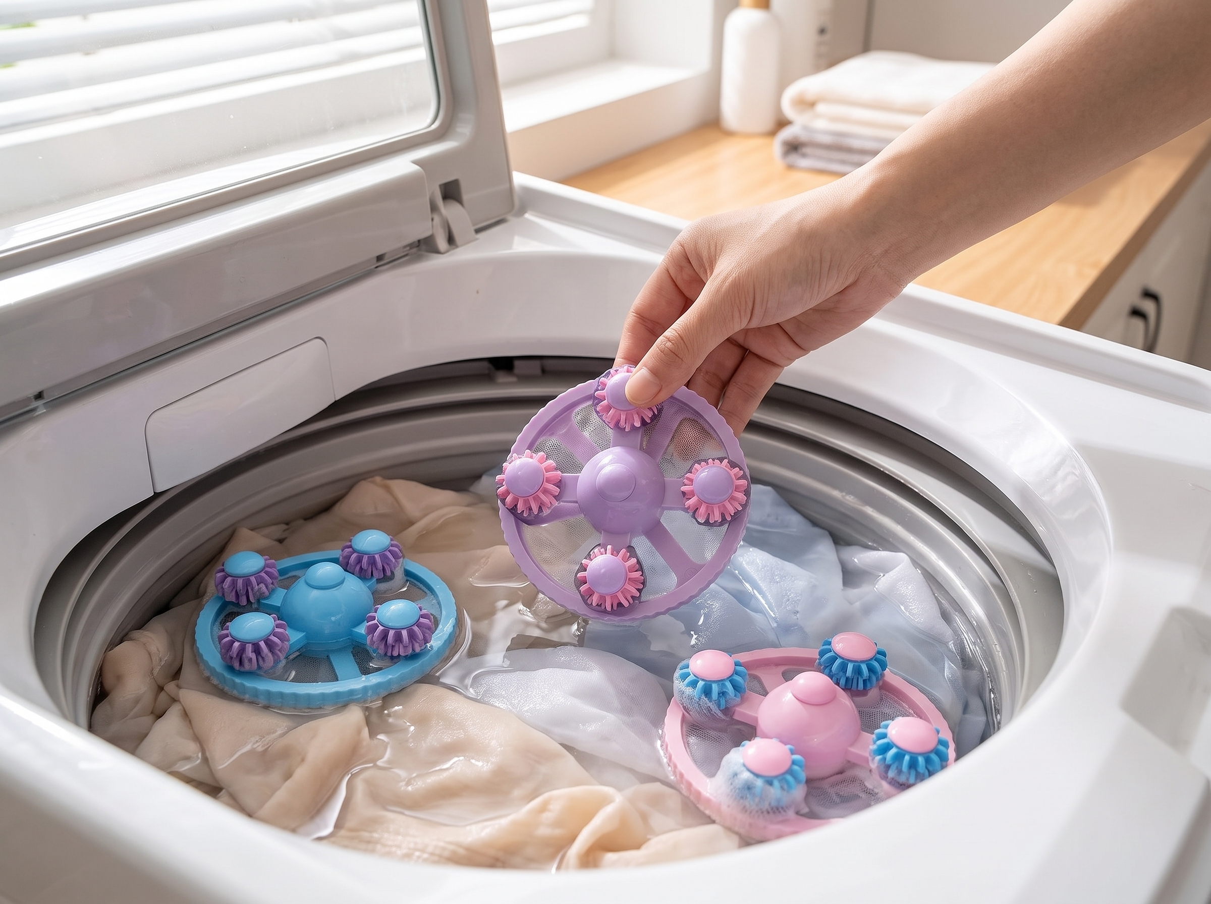 Floating Lint Catcher Balls for Washing Machine (Single or 6-Pack) shown in natural everyday use at home