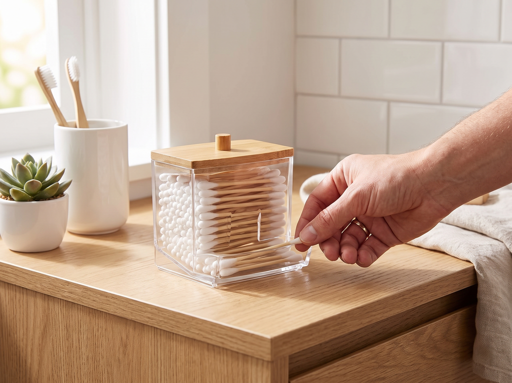 Clear Cotton Swab Holder with Lid for Bathroom or Vanity shown in natural everyday use at home