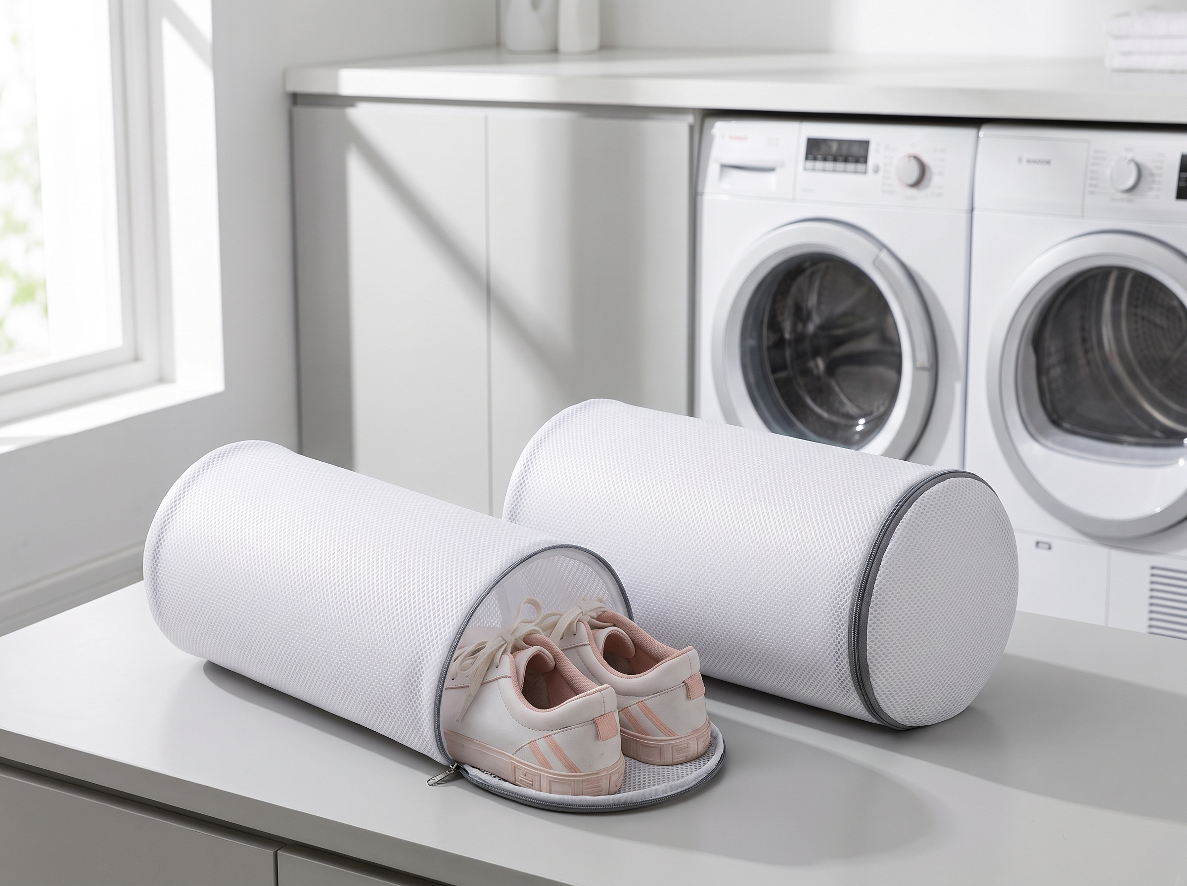 Mesh Shoe Laundry Bag with Zipper for Sneakers & Delicates in a realistic home setting