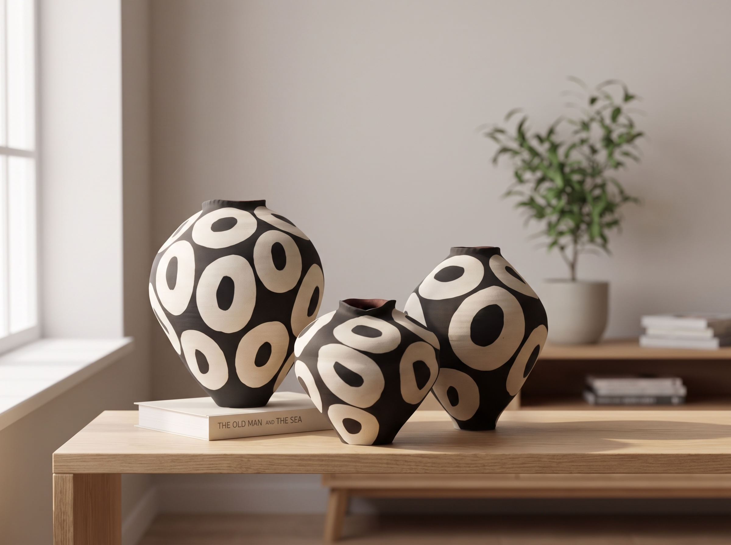 Hand-Drawn Geometric Ceramic Vase for Modern Living Spaces in a realistic home setting