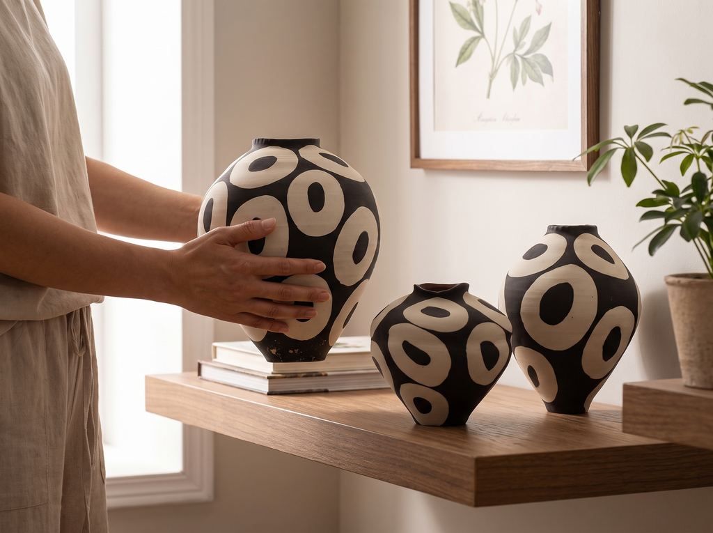 Hand-Drawn Geometric Ceramic Vase for Modern Living Spaces shown in natural everyday use at home