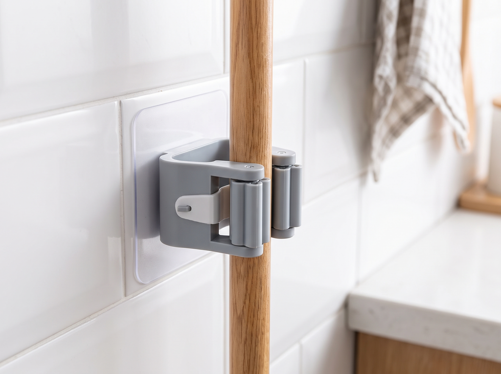 Self-Adhesive Wall Mop Holders for Bathroom & Kitchen Organization in a realistic home setting