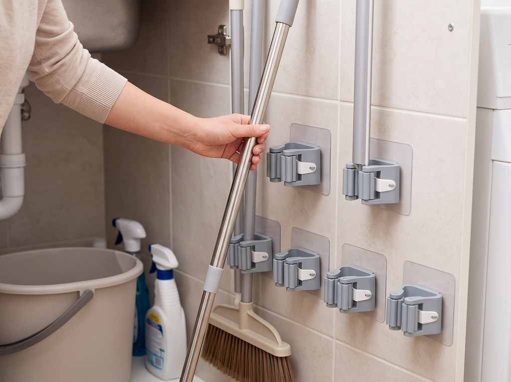Self-Adhesive Wall Mop Holders for Bathroom & Kitchen Organization shown in natural everyday use at home