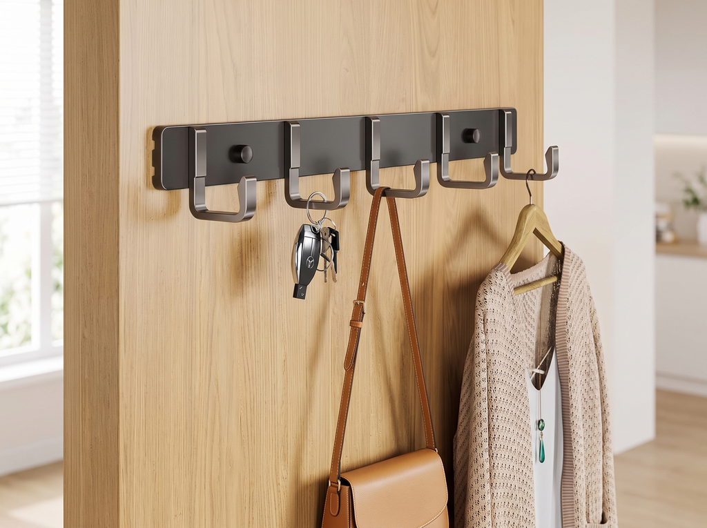 Aluminum Wall-Mounted Hooks for Entryway, Closet, or Bathroom Organization in a realistic home setting