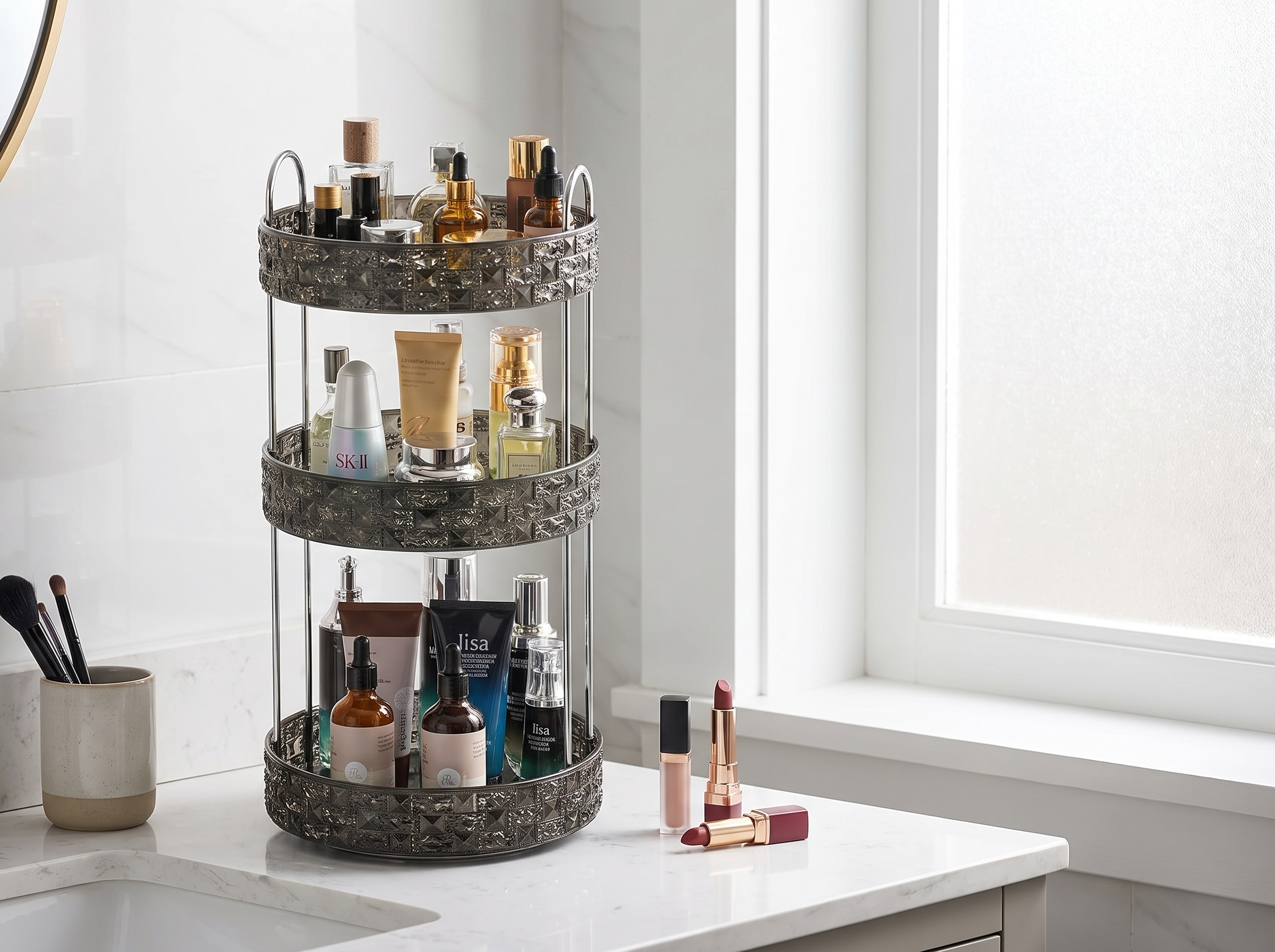 360° Rotating Multi-Tier Makeup Organizer for Vanity and Bathroom in a realistic home setting
