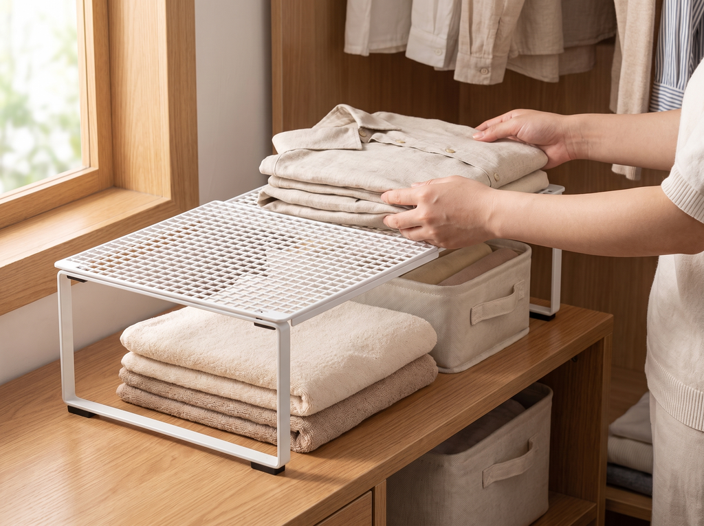 Adjustable Stackable Closet Shelf Organizer – Carbon Steel shown in natural everyday use at home