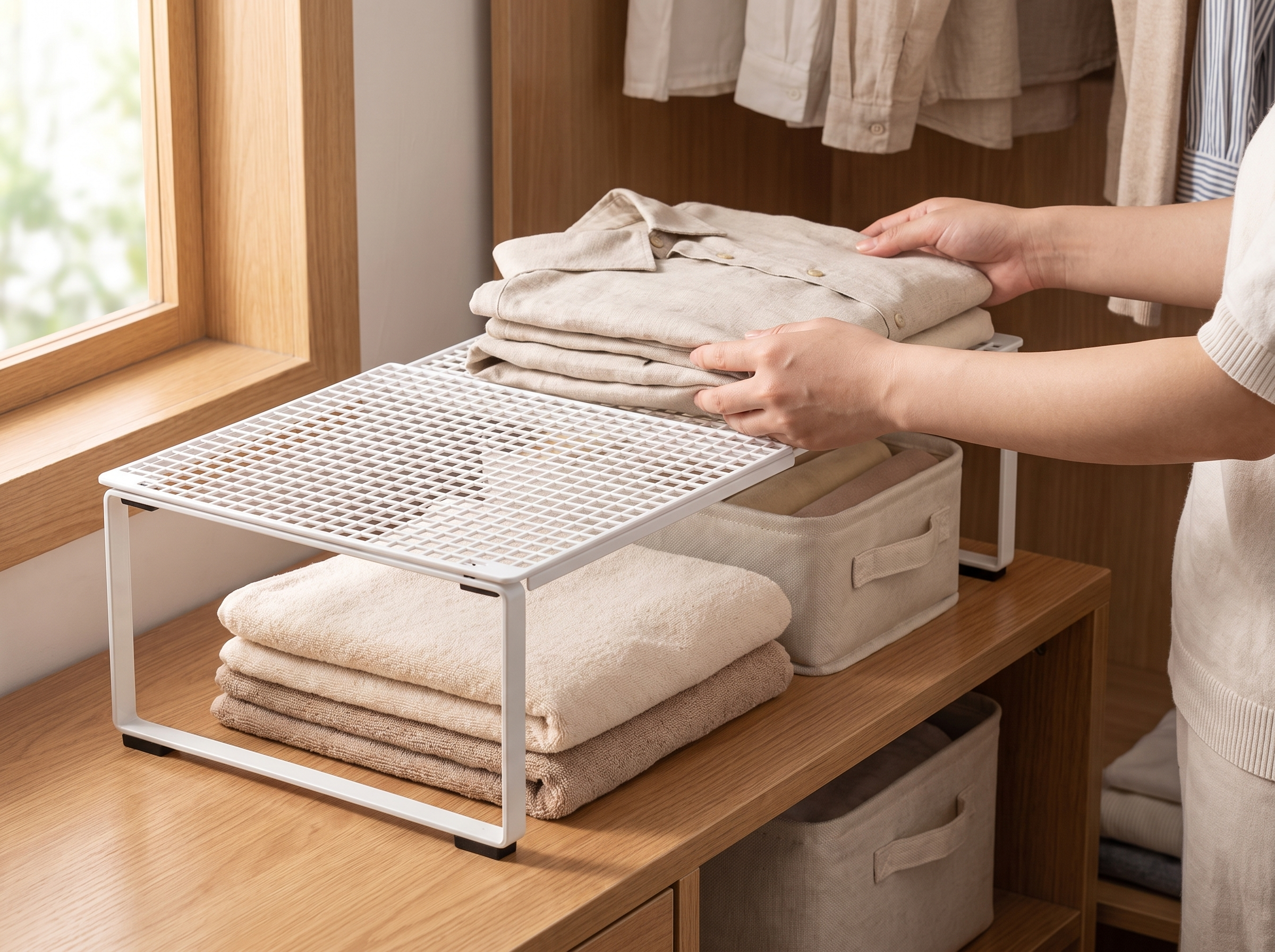 Adjustable Stackable Closet Shelf Organizer – Carbon Steel shown in natural everyday use at home