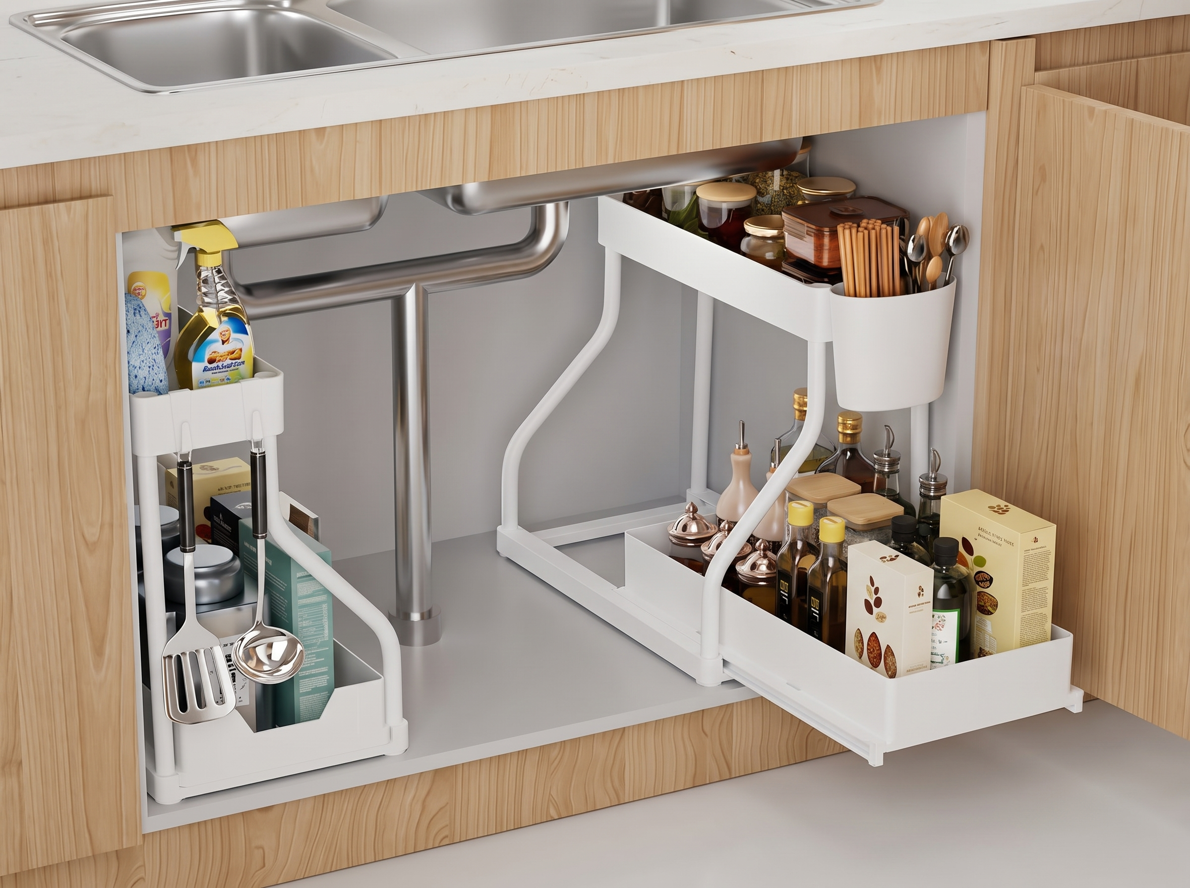 2-Tier Under Sink Organizer Drawer for Kitchen and Bathroom in a realistic home setting