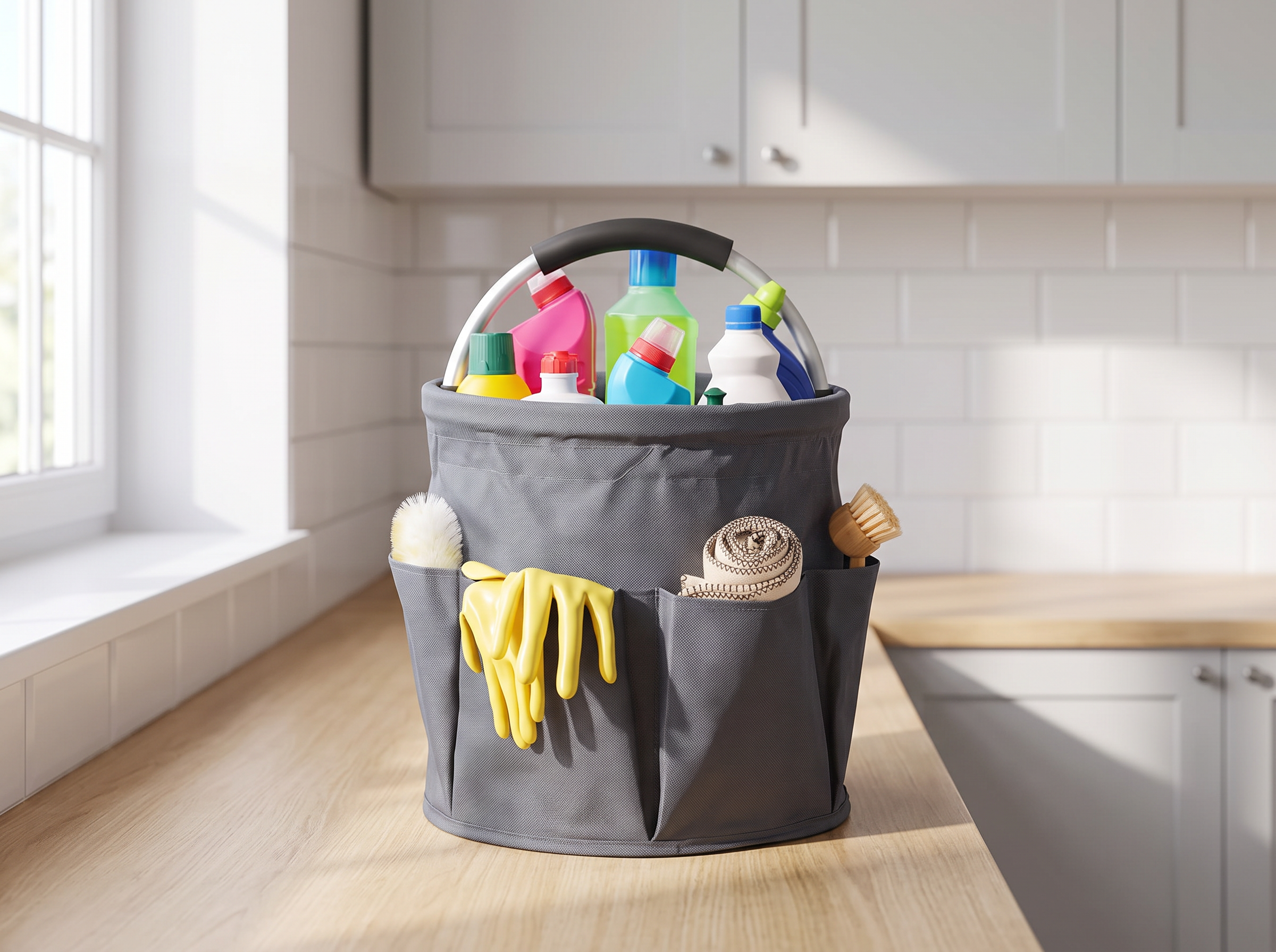17L Foldable Cleaning Caddy with Handle for Home Organization in a realistic home setting
