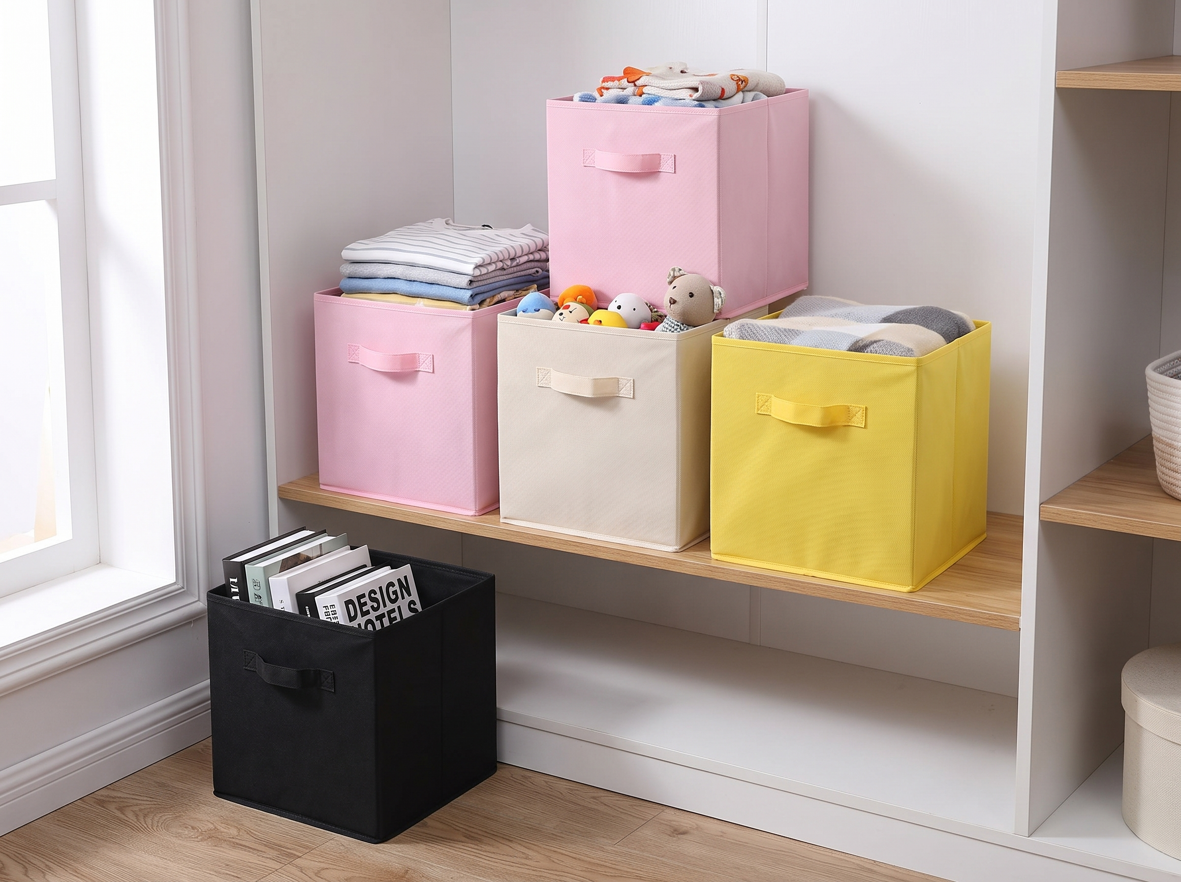 Collapsible Cube Storage Bin for Closet and Shelf Organization in a realistic home setting