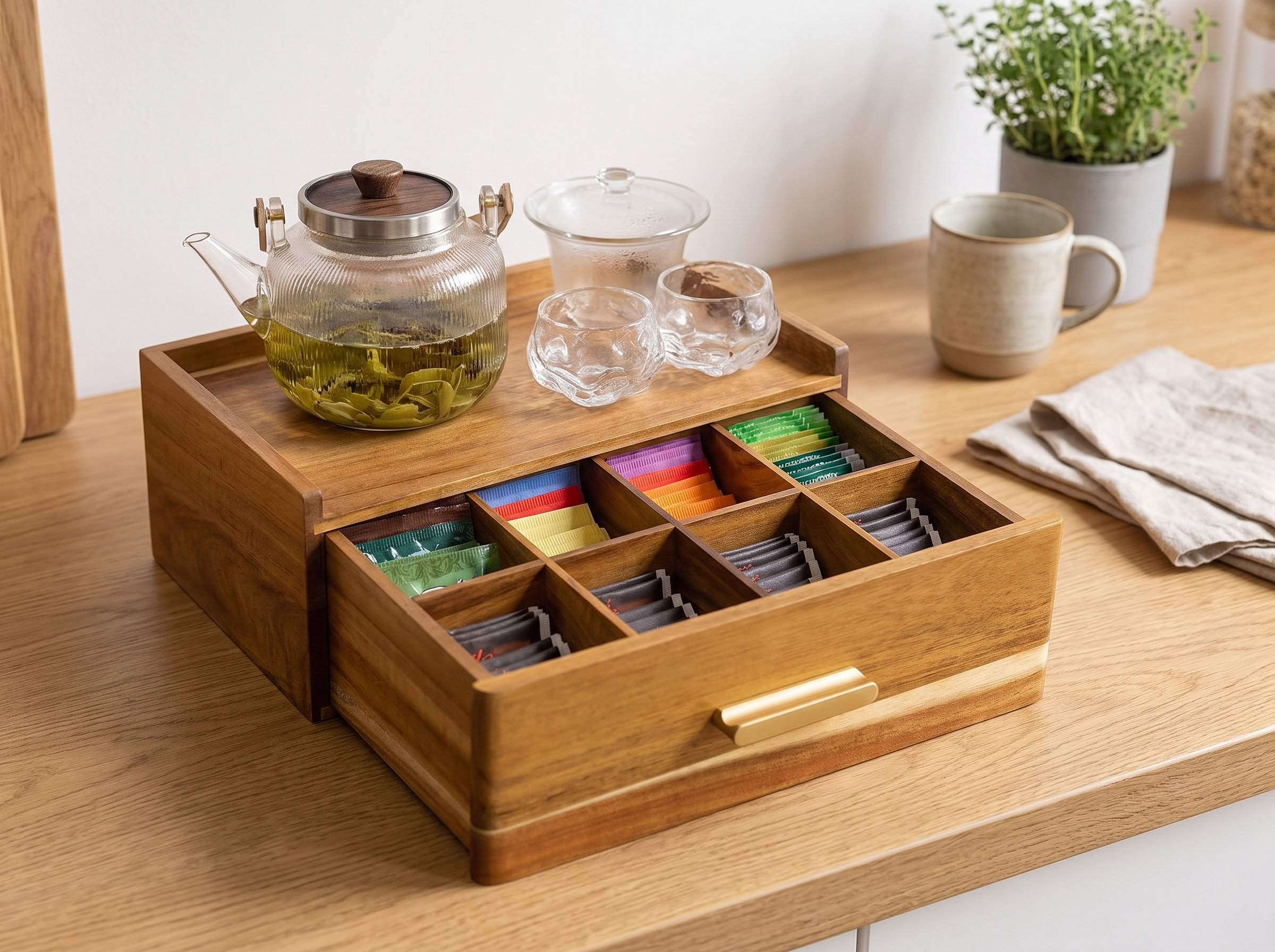 Wood Tea Bag Organizer Box with Drawer for Kitchen, Pantry, or Office in a realistic home setting