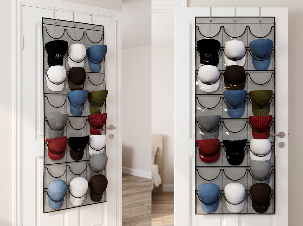 Over-Door Baseball Cap Organizer with 24 Clear Pockets in a realistic home setting