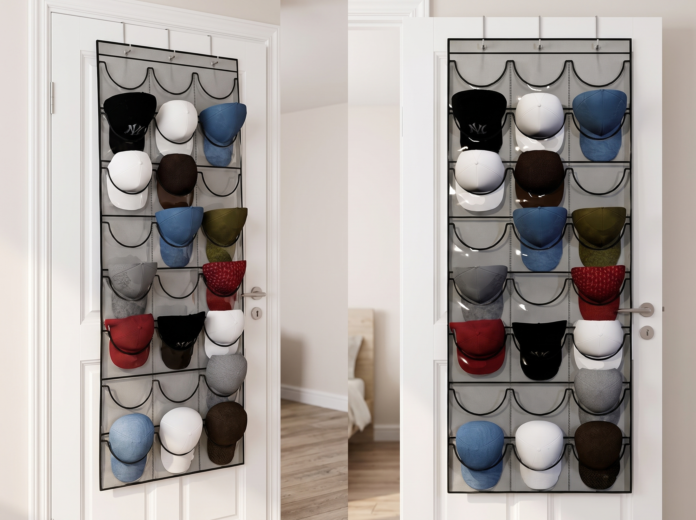 Over-Door Baseball Cap Organizer with 24 Clear Pockets in a realistic home setting