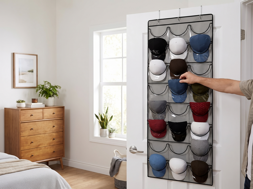 Over-Door Baseball Cap Organizer with 24 Clear Pockets shown in natural everyday use at home
