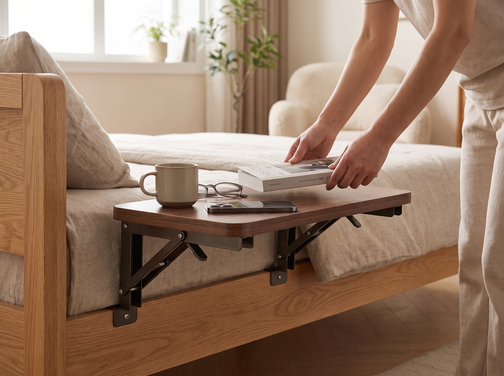 Foldable Bedside Shelf Table for Small-Space Bedrooms shown in natural everyday use at home