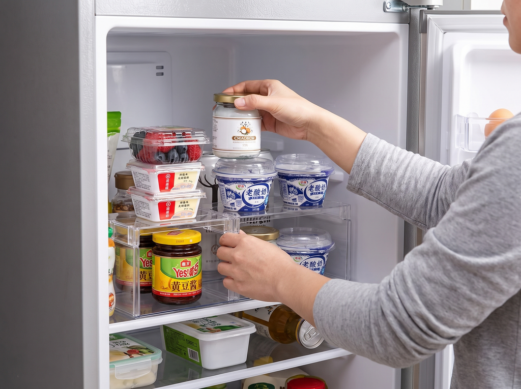 Clear Stackable Fridge Shelf Organizer for Kitchen & Pantry shown in natural everyday use at home