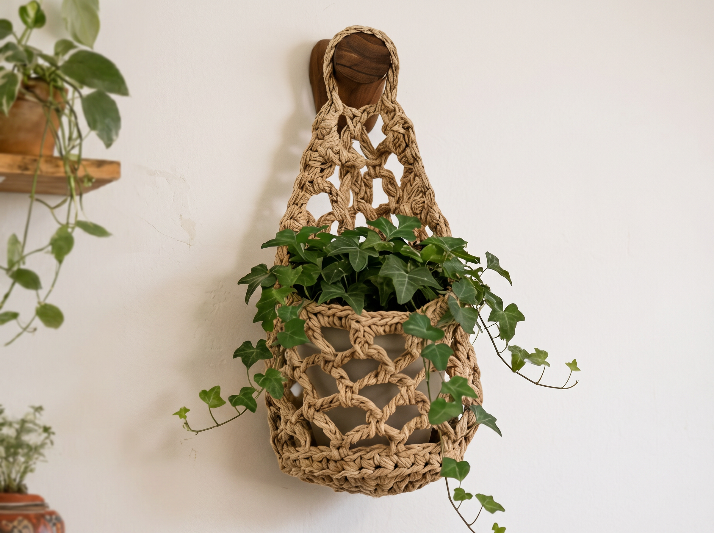 Boho Macrame Hanging Plant Basket – Cotton Rope Wall Planter in a realistic home setting