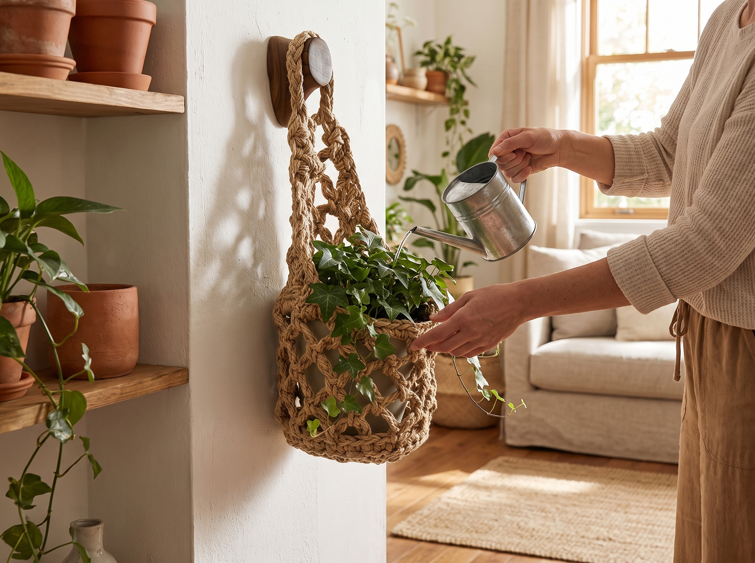 Boho Macrame Hanging Plant Basket – Cotton Rope Wall Planter shown in natural everyday use at home