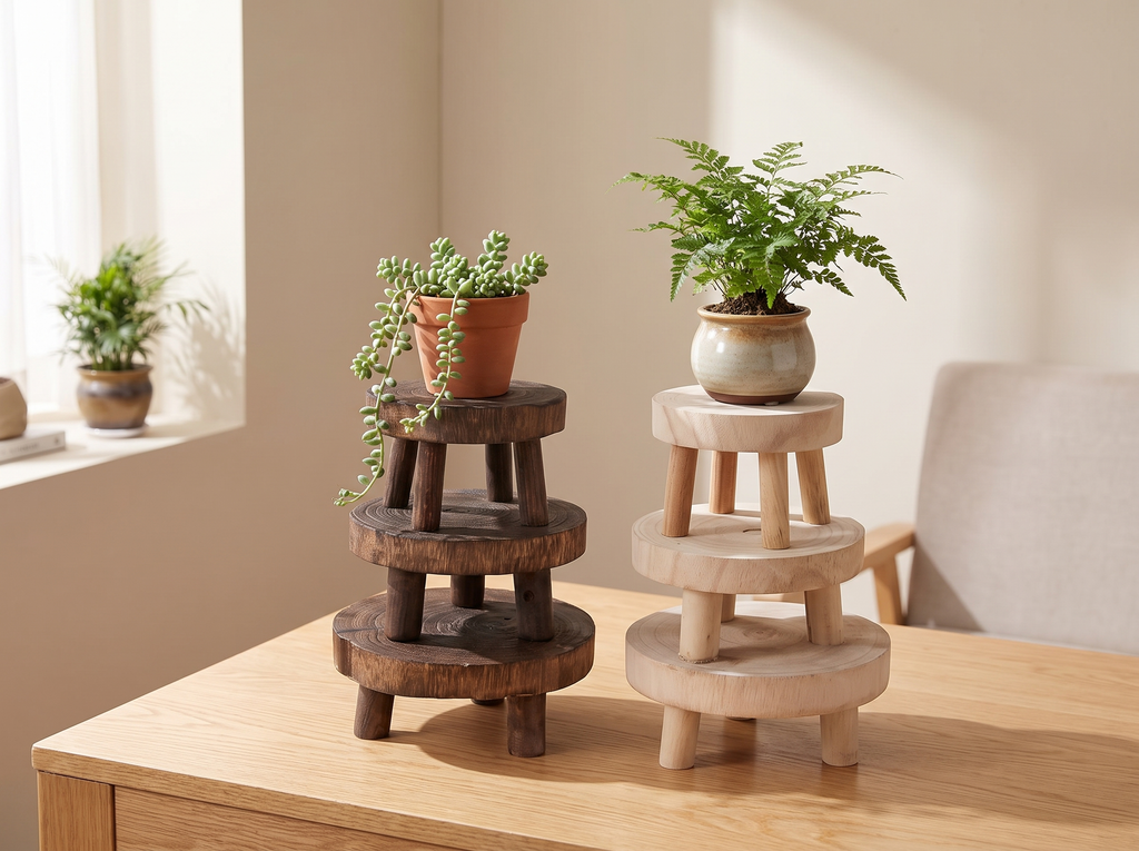 Small Wooden Plant Stand for Tabletop or Shelf Display in a realistic home setting