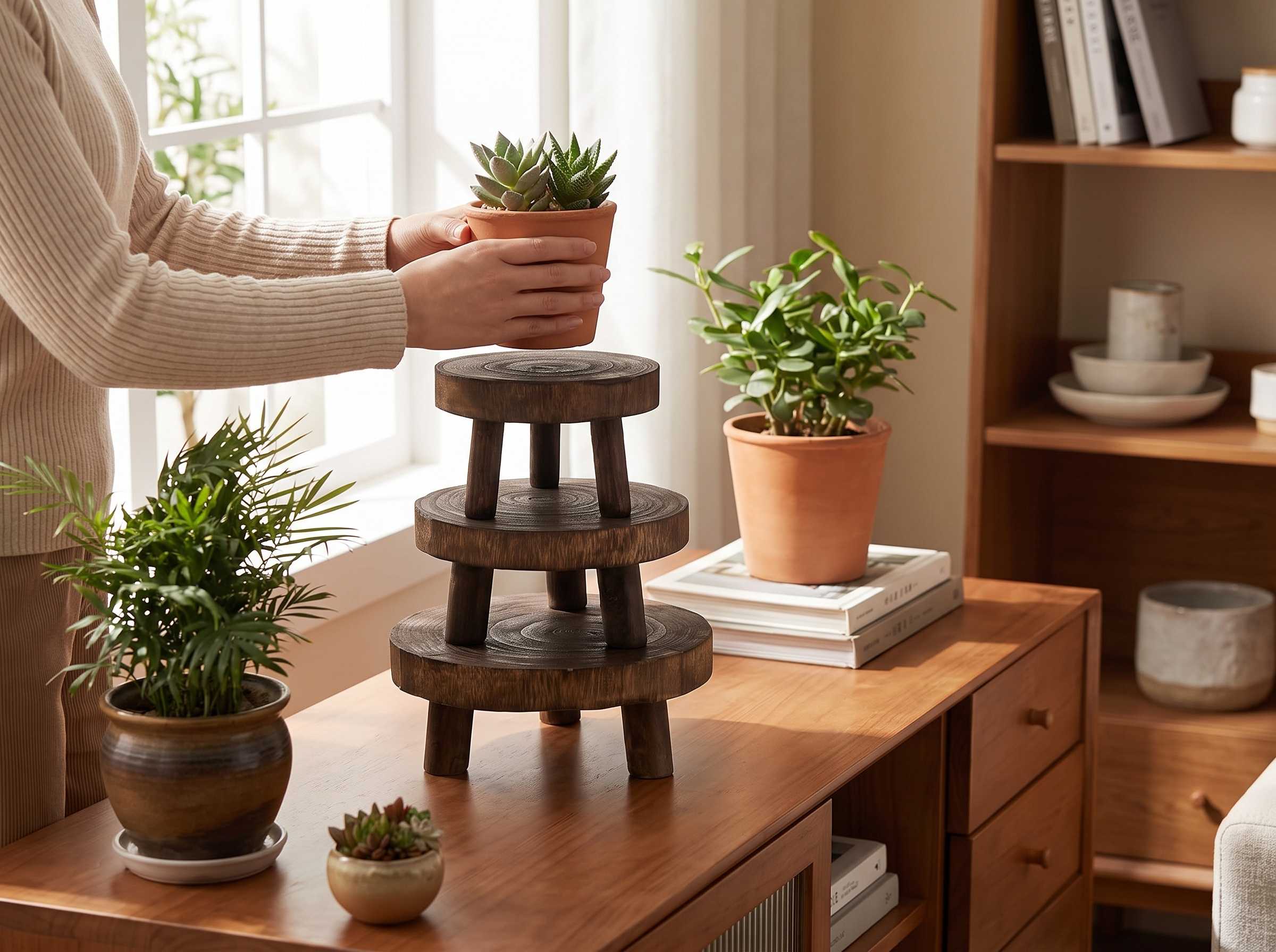 Small Wooden Plant Stand for Tabletop or Shelf Display shown in natural everyday use at home