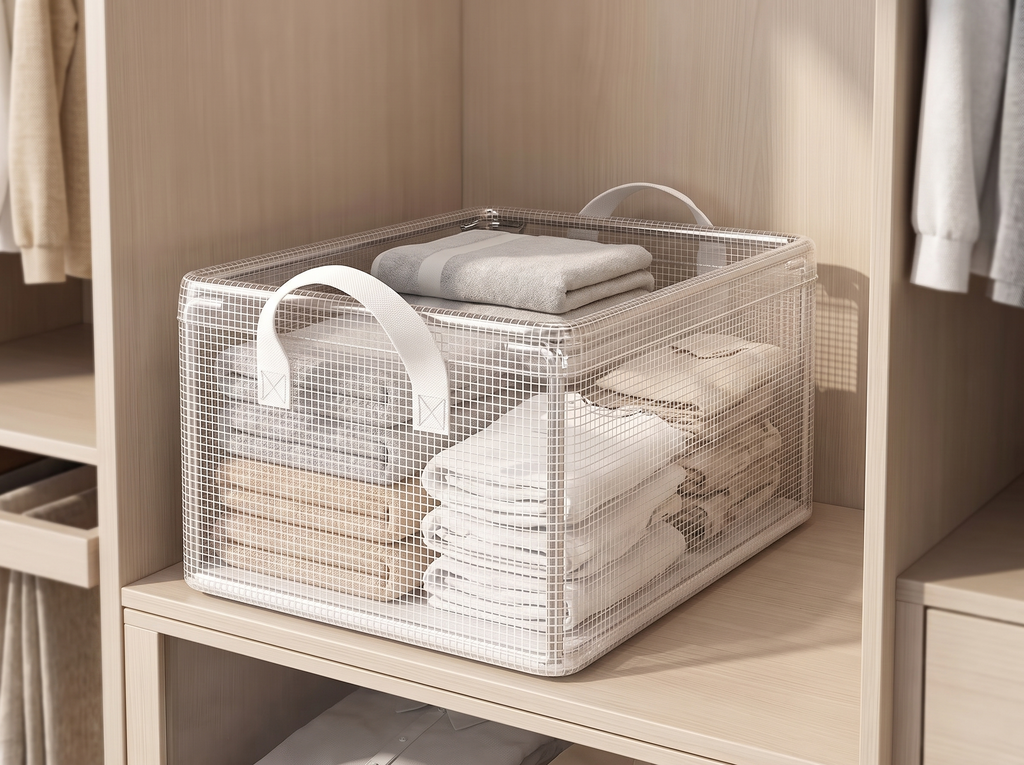 Transparent PVC Steel Frame Storage Basket for Closet & Dorm Organization in a realistic home setting