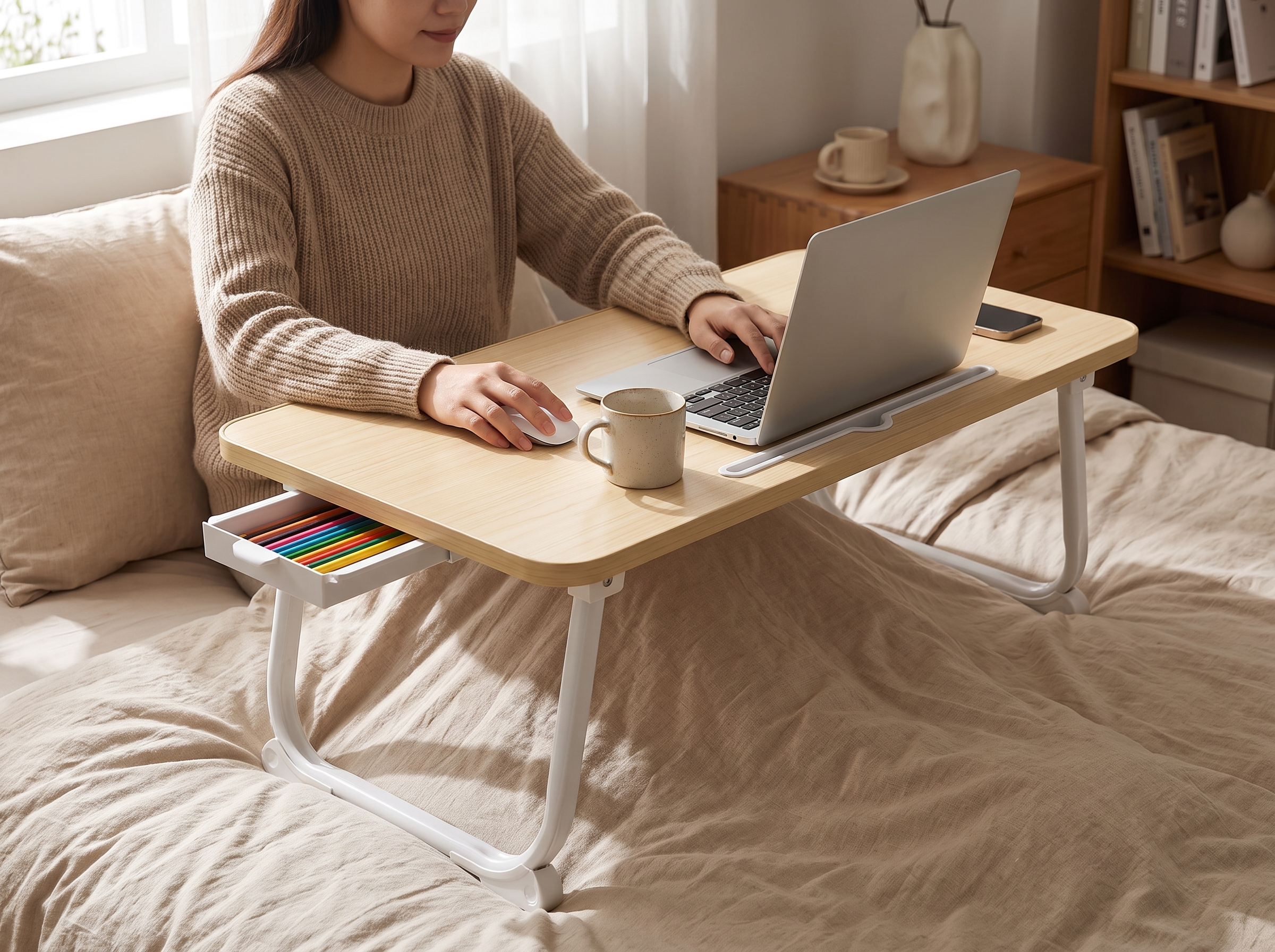Foldable Small Bedside Desk for Bedroom or Dorm shown in natural everyday use at home