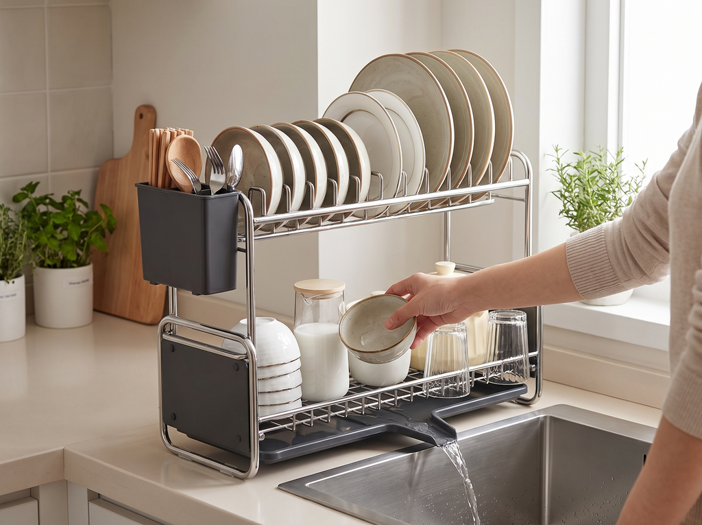 Narrow Kitchen Dish Drying Rack with Drainboard – 1 or 2 Tier shown in natural everyday use at home