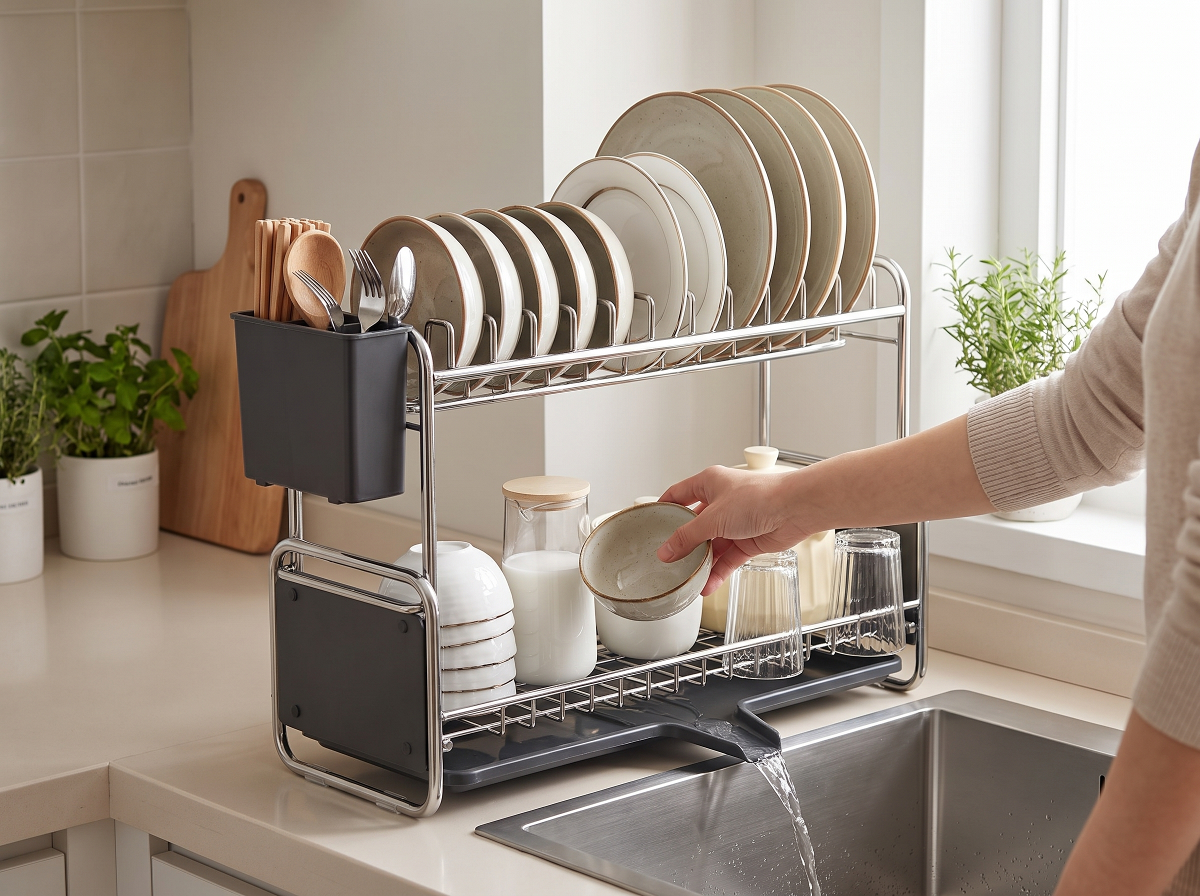 Narrow Kitchen Dish Drying Rack with Drainboard – 1 or 2 Tier shown in natural everyday use at home