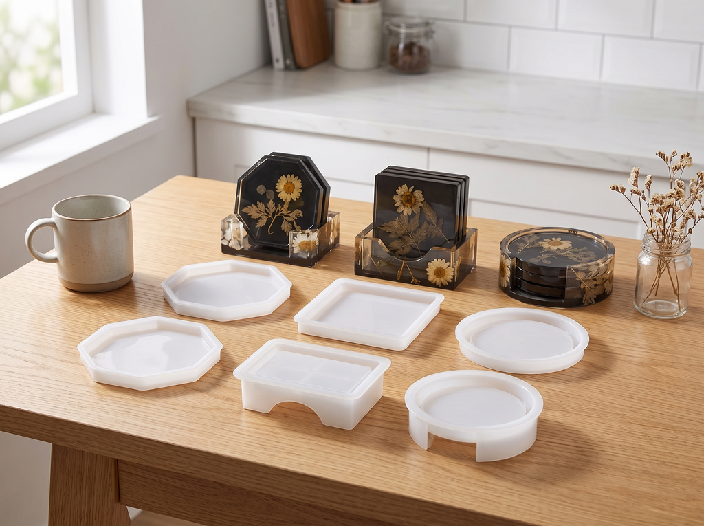 Silicone Coaster Resin Mold Set with Storage Holder for DIY Home Decor in a realistic home setting