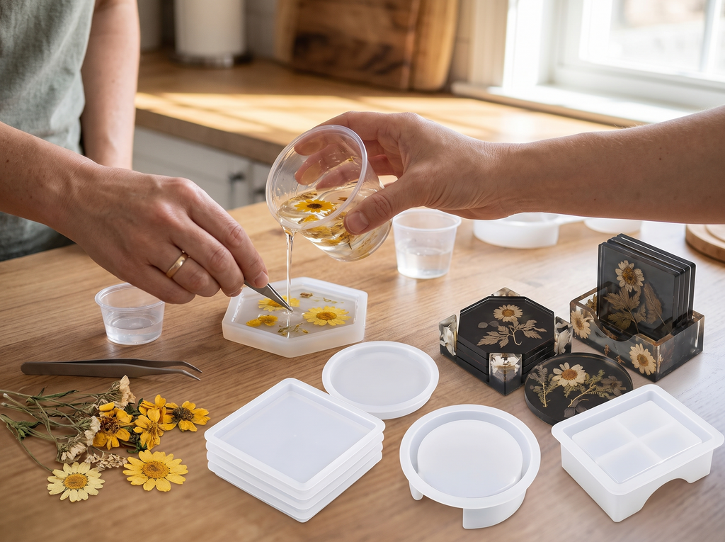 Silicone Coaster Resin Mold Set with Storage Holder for DIY Home Decor shown in natural everyday use at home