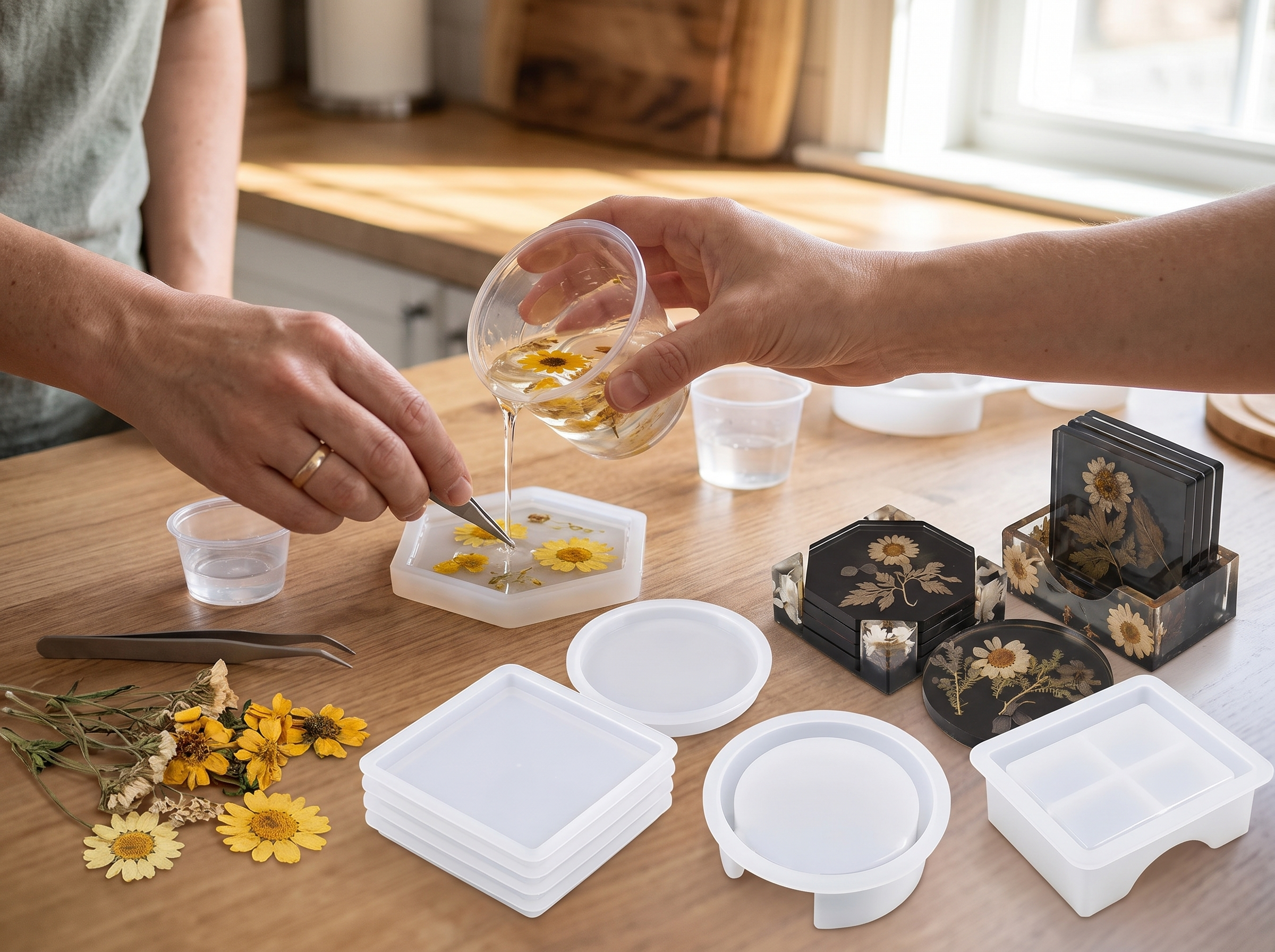 Silicone Coaster Resin Mold Set with Storage Holder for DIY Home Decor shown in natural everyday use at home