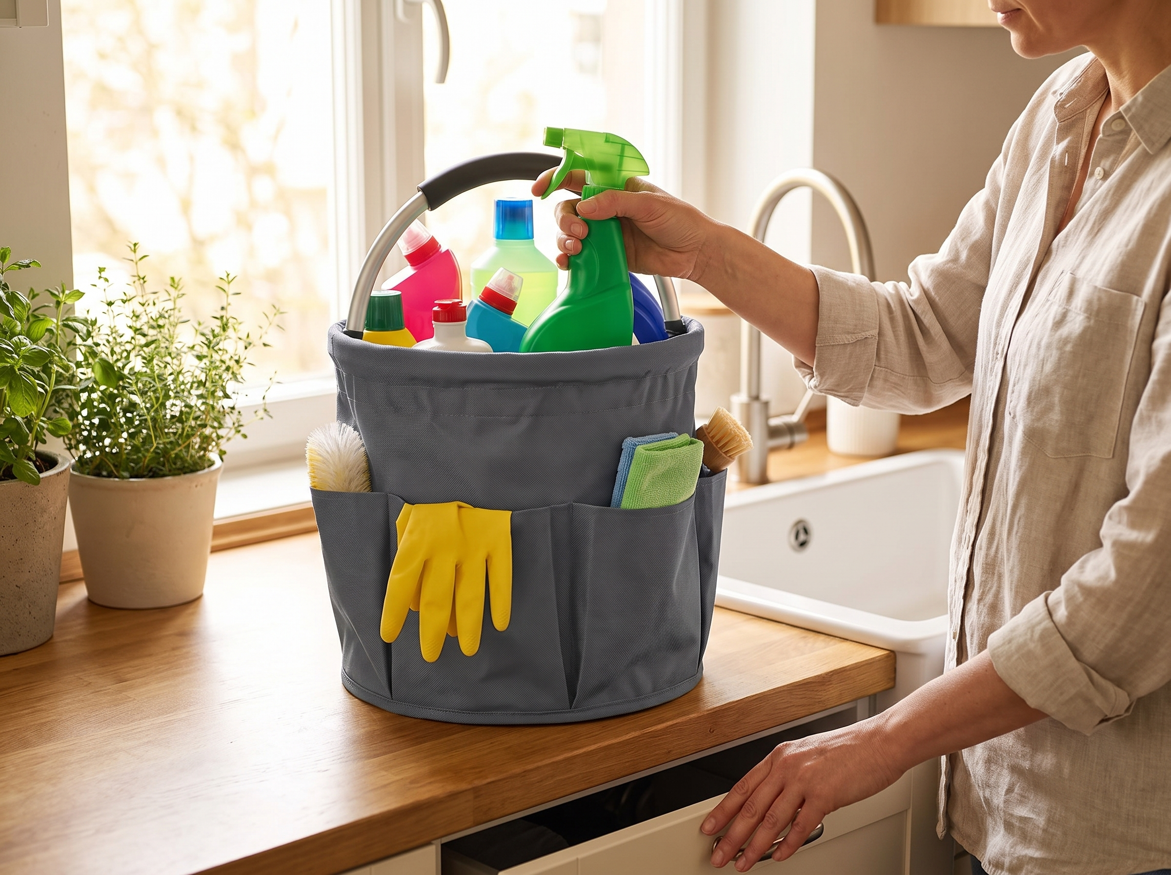 Foldable 17L Cleaning Caddy with Handle — Multi-Pocket Organizer Bag shown in natural everyday use at home