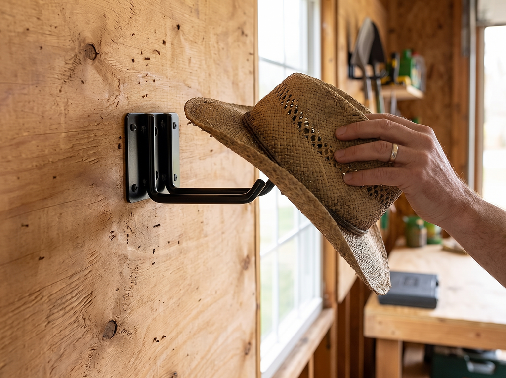 Wall-Mounted Metal Tool Hook for Garage and Garden Organization shown in natural everyday use at home