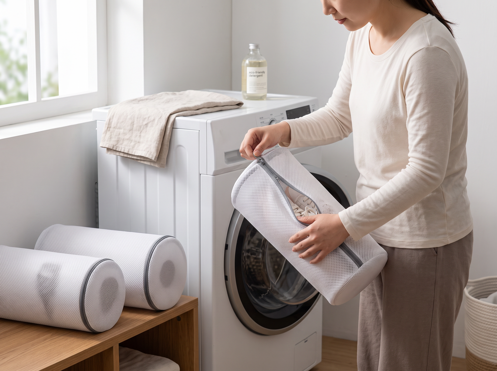 Mesh Laundry Shoe Washing Bag with Zipper for Machine Washing shown in natural everyday use at home