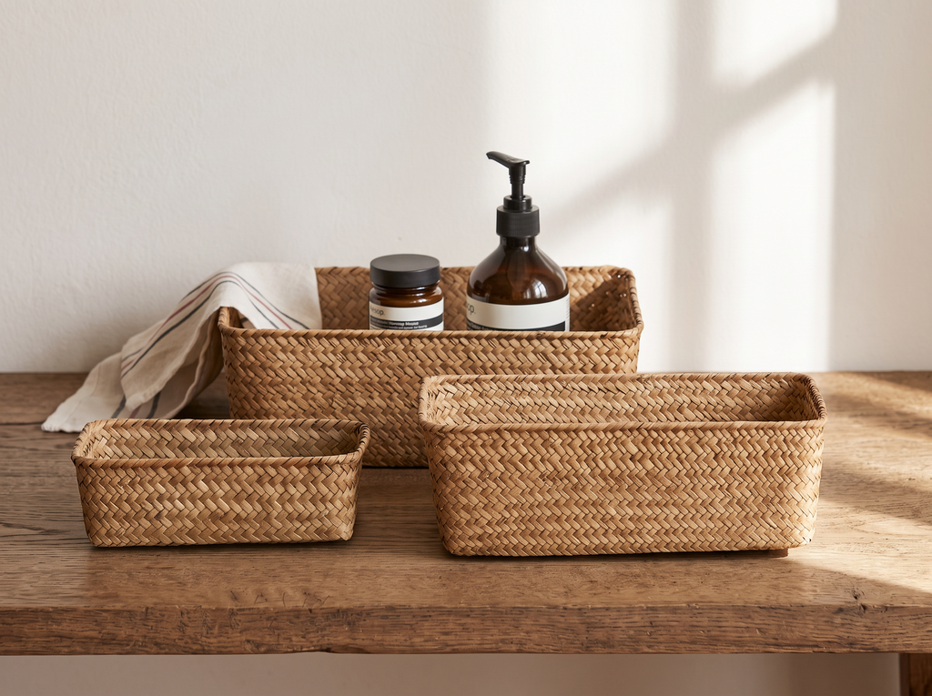 Handwoven Rectangular Seagrass Storage Basket in a realistic home setting