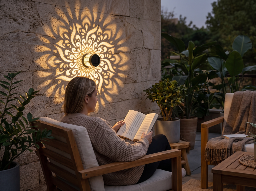 Solar Datura Wall Lantern – Decorative Outdoor Garden Light shown in natural everyday use at home