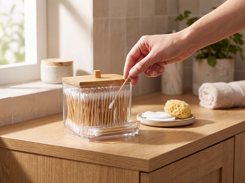 Clear Cotton Swab and Cotton Pad Holder with Lid shown in natural everyday use at home