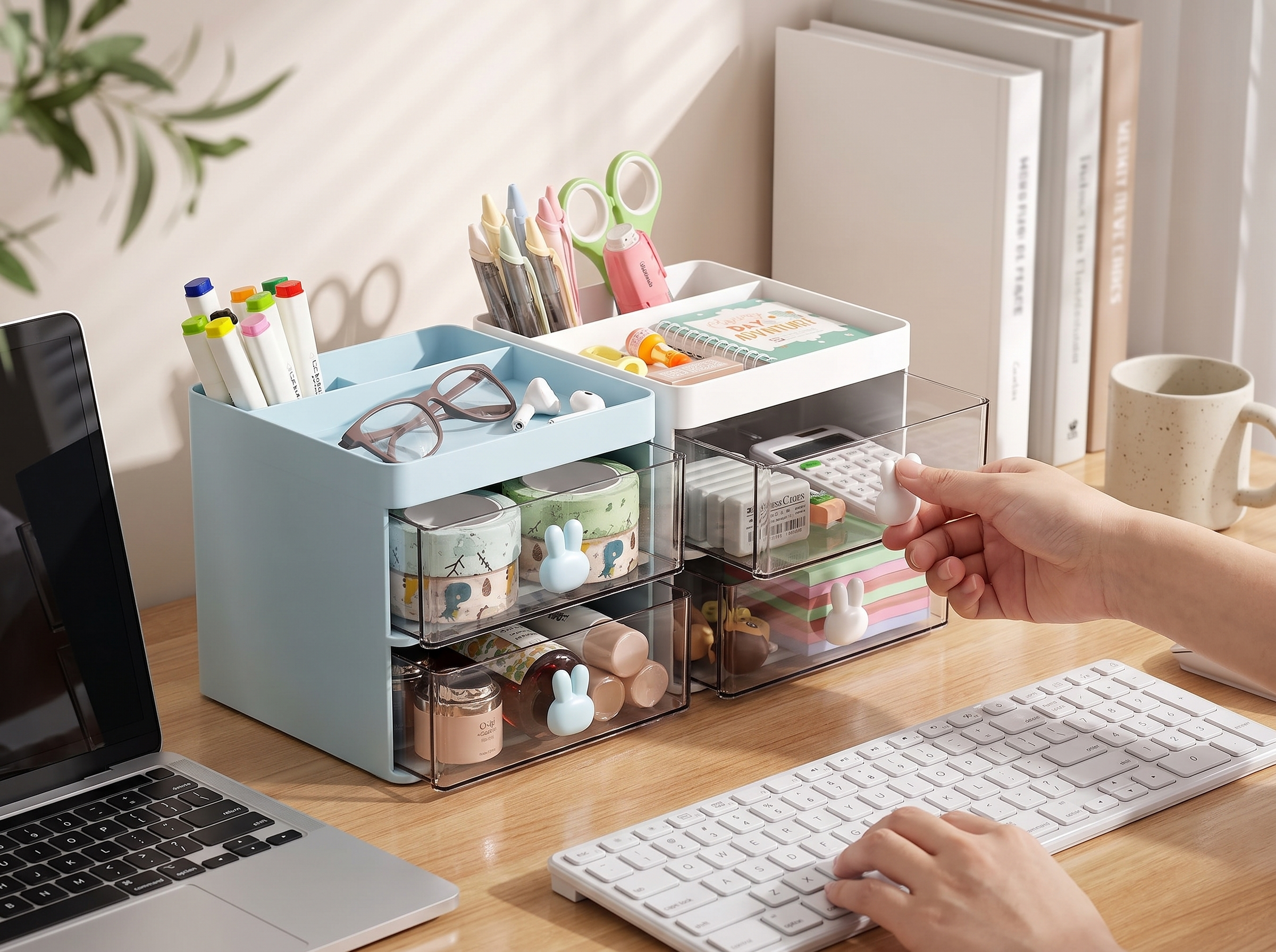 Small Desk Organizer with Drawers for Home Office or Vanity shown in natural everyday use at home