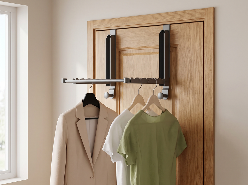 Folding Over-the-Door Drying Rack with Retractable Rod – Black Gray in a realistic home setting