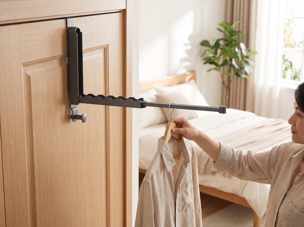 Folding Over-the-Door Drying Rack with Retractable Rod – Black Gray shown in natural everyday use at home