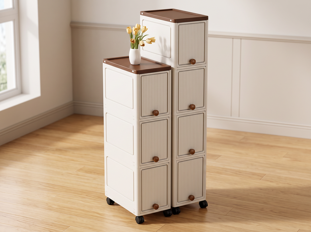 Slim Rolling Cabinet with Doors – 20cm Wide Storage for Kitchen or Bedroom in a realistic home setting