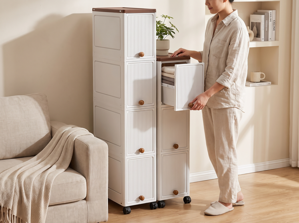 Slim Rolling Cabinet with Doors – 20cm Wide Storage for Kitchen or Bedroom shown in natural everyday use at home